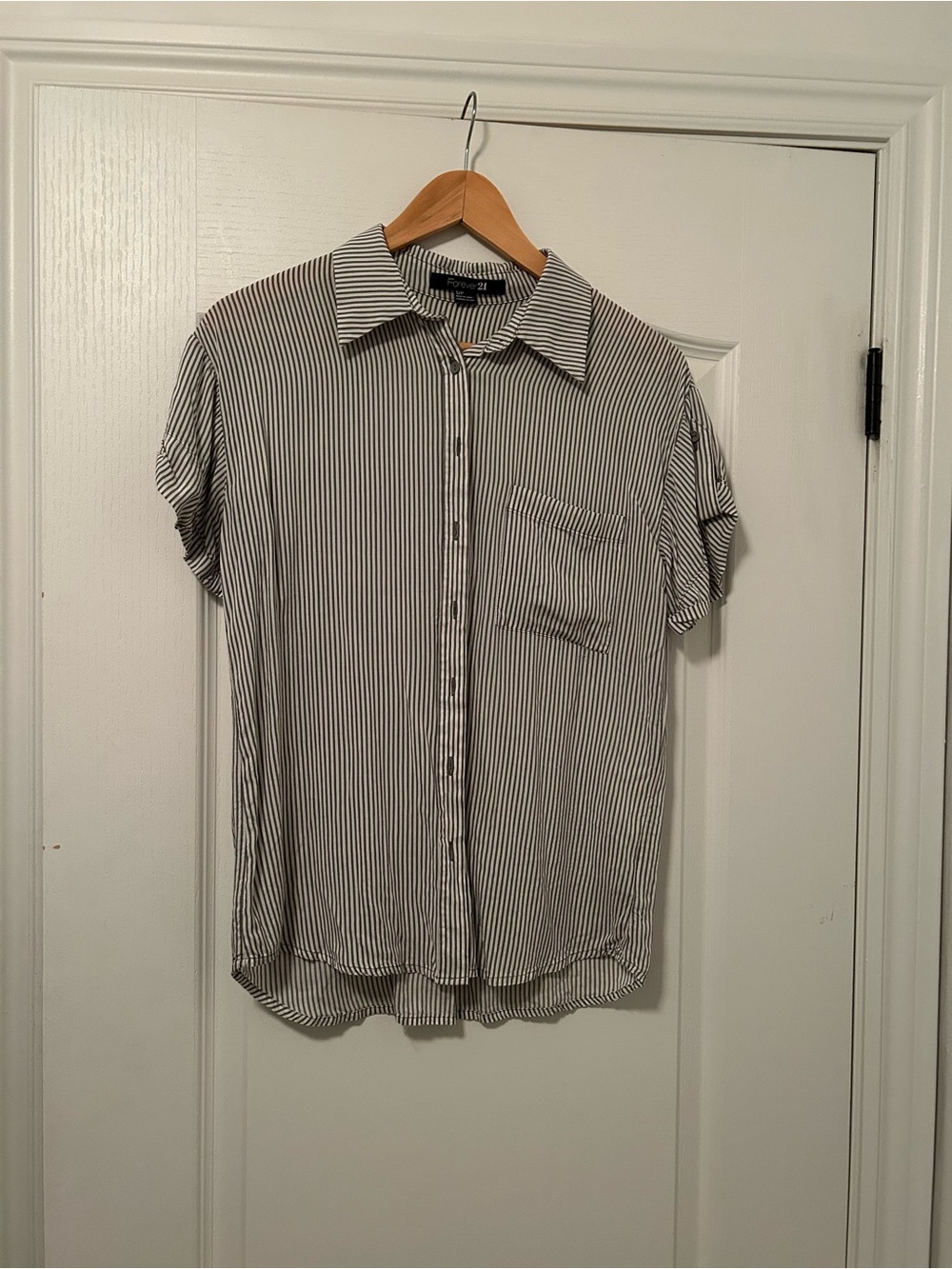 Forever 21 Grey and White Vertical Stripe Short Sleeve Button-Down